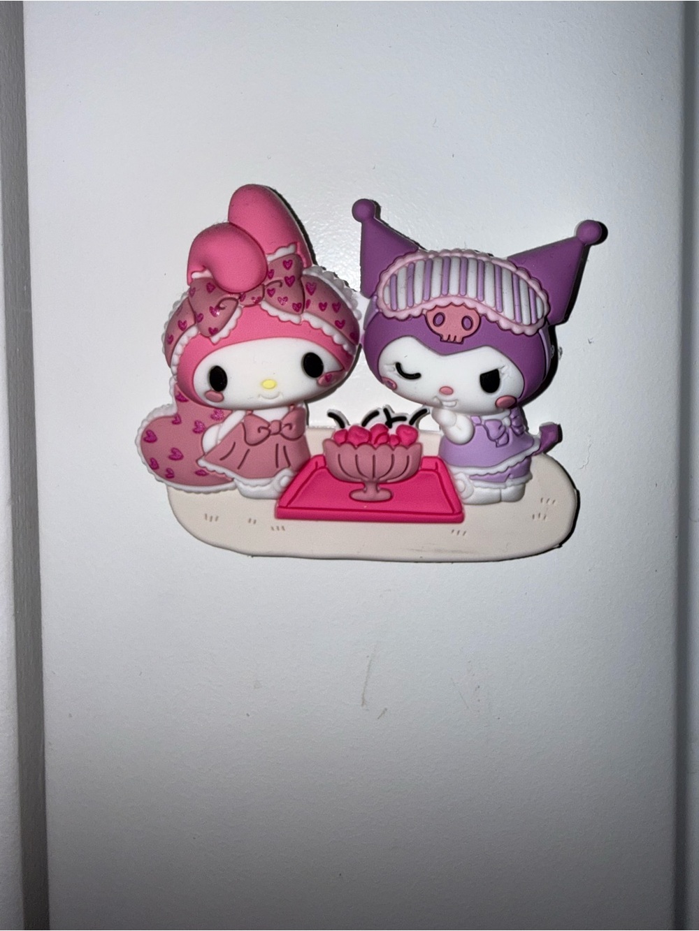 Sanrio My Melody and Kuromi fridge magnet with two cartoon characters in pink